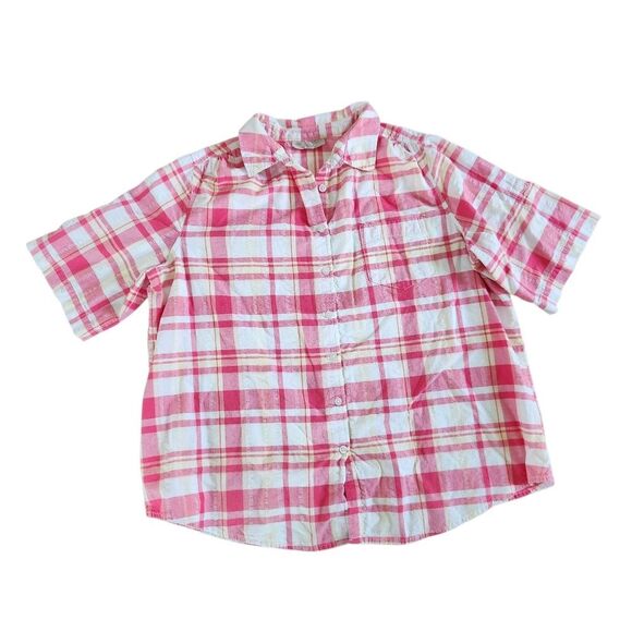 Woman Within Plaid Shirt 1X 22 24 Pink White Yellow Short Sleeve Roll Tab Check - Picture 7 of 9